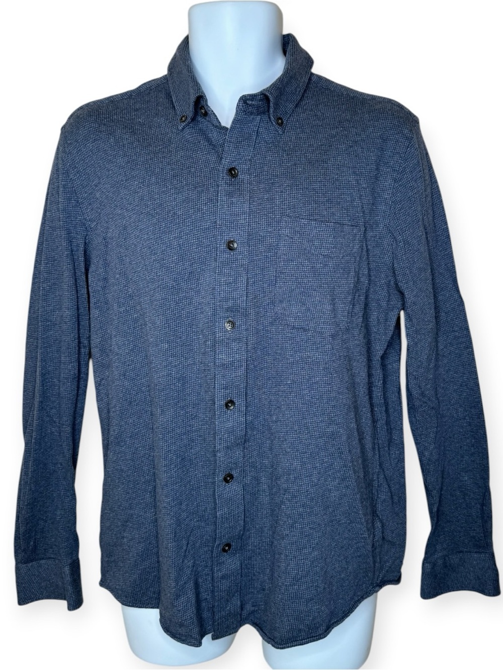 Faherty Houndstooth Button-Up Knit Shirt L Navy Blue Long Sleeve